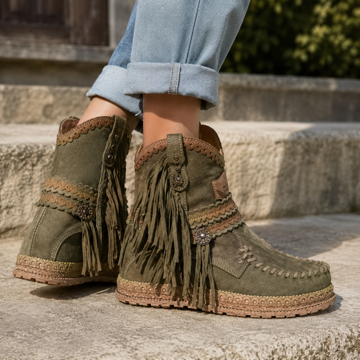 Boho Western Boots Fringe Suede Cushioned Insole Grip Sole