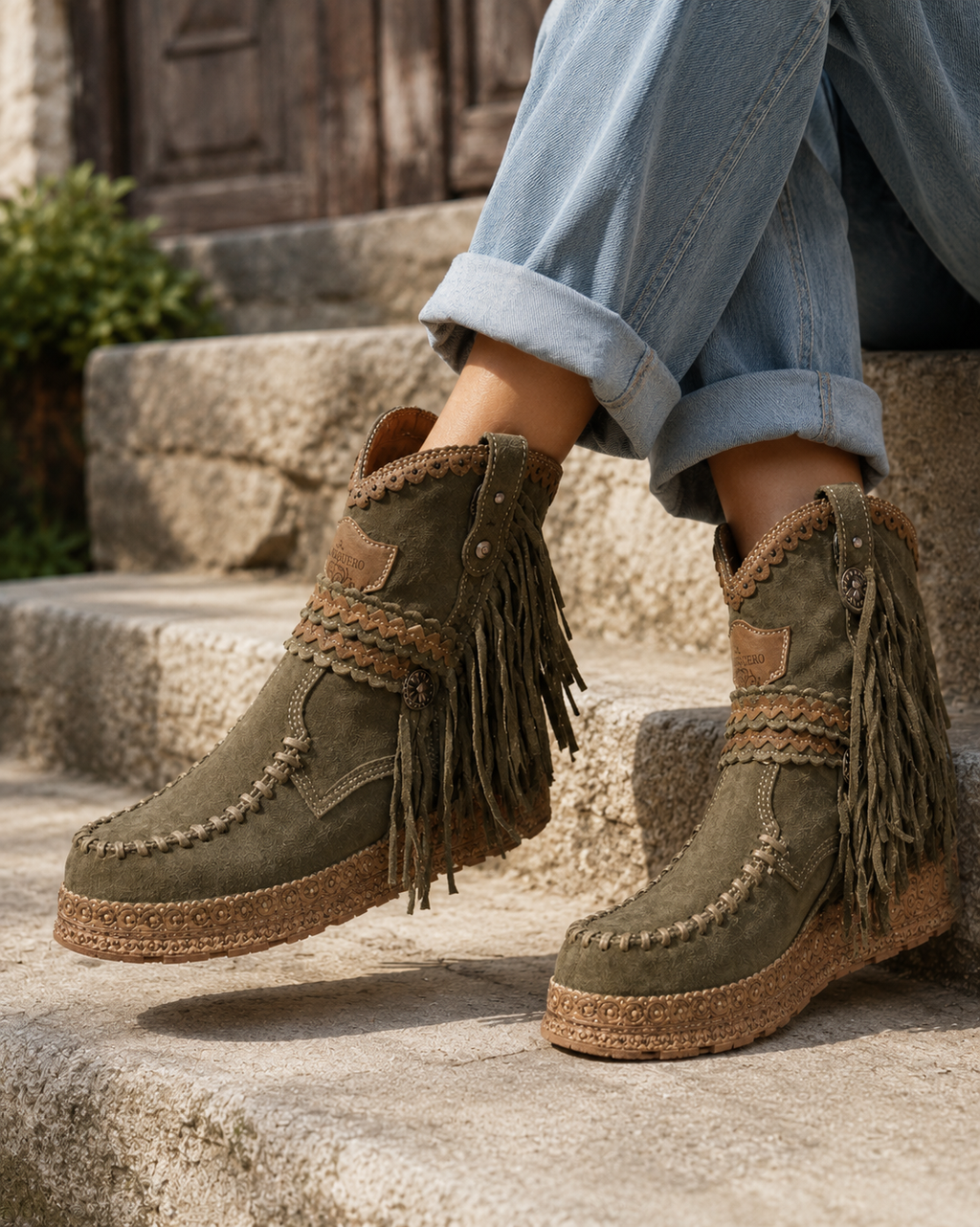 Boho Western Boots Fringe Suede Cushioned Insole Grip Sole