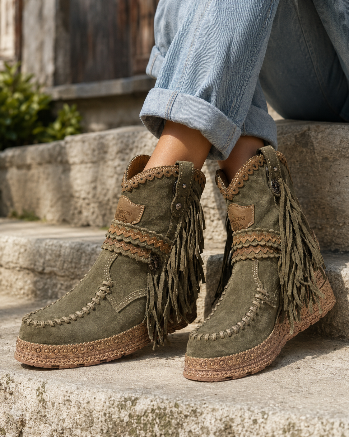 Boho Western Boots Fringe Suede Cushioned Insole Grip Sole