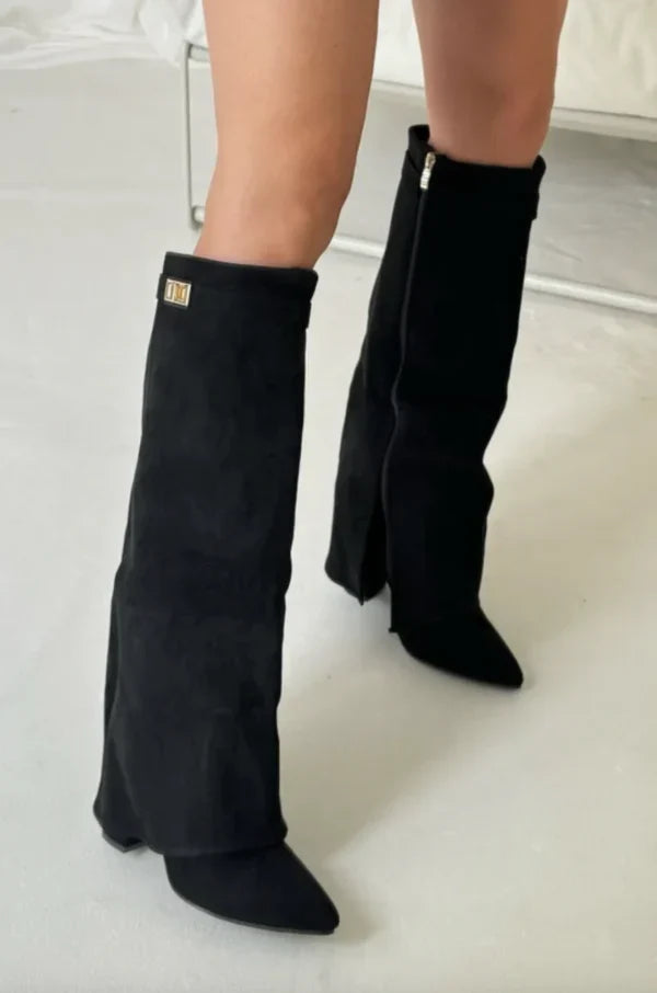 Block Heel Boots Buckle Detail Suede Leather Look Elegant