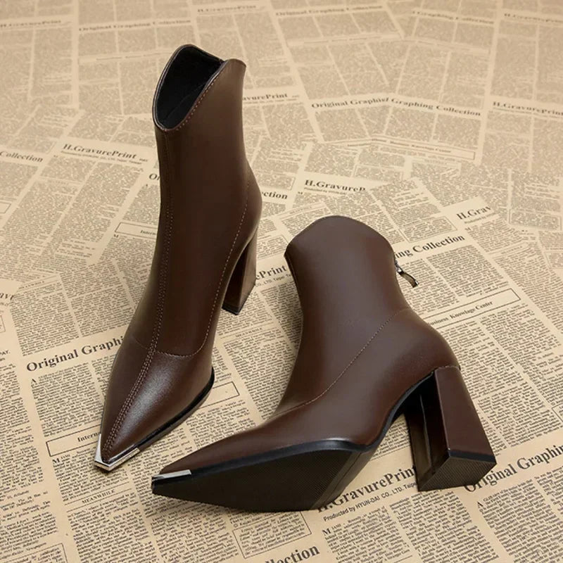 Leather Ankle Boots Square Heel Metal Detail Refined Luxe
