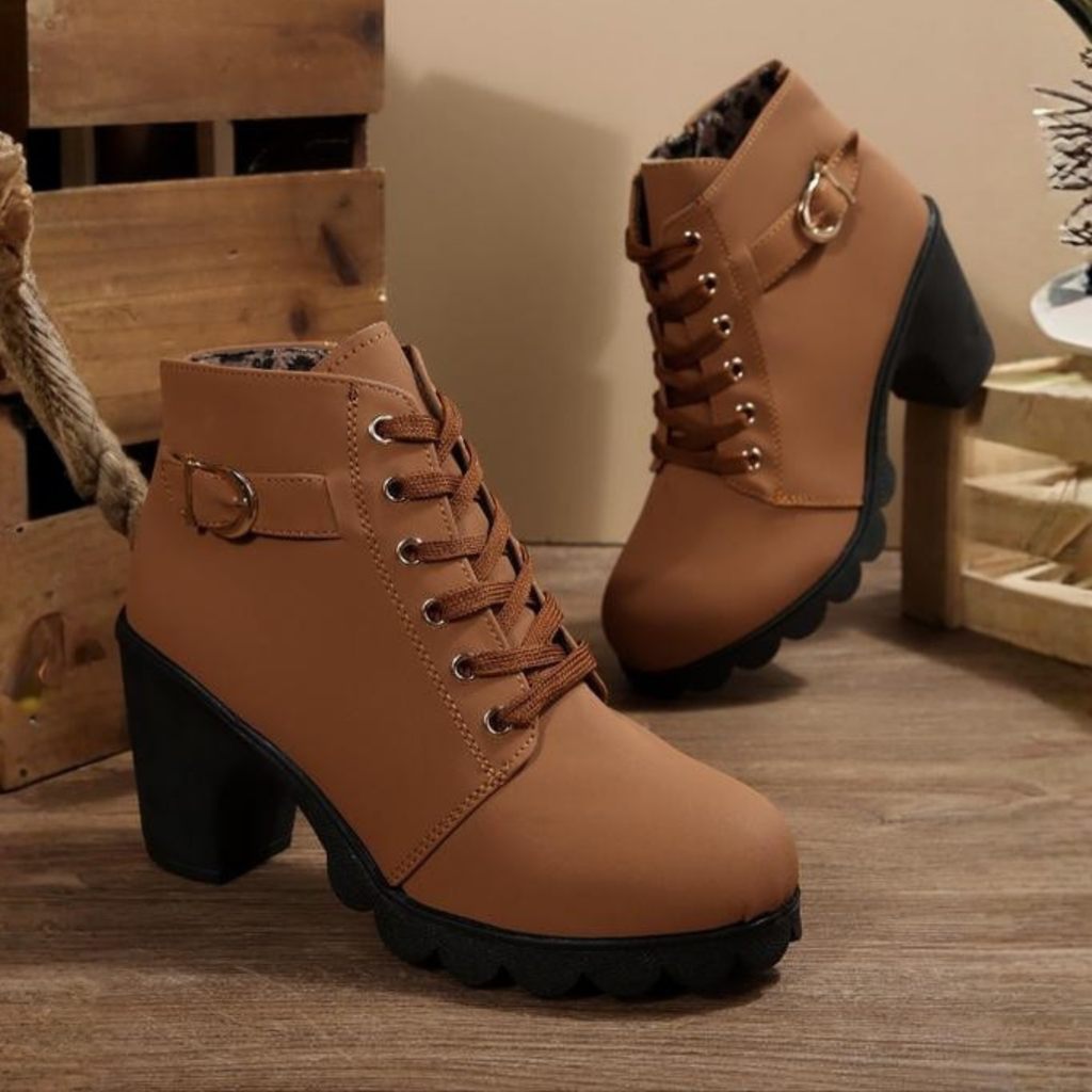 Lace Up Boots Block Heel Buckle Detail Sturdy Versatile