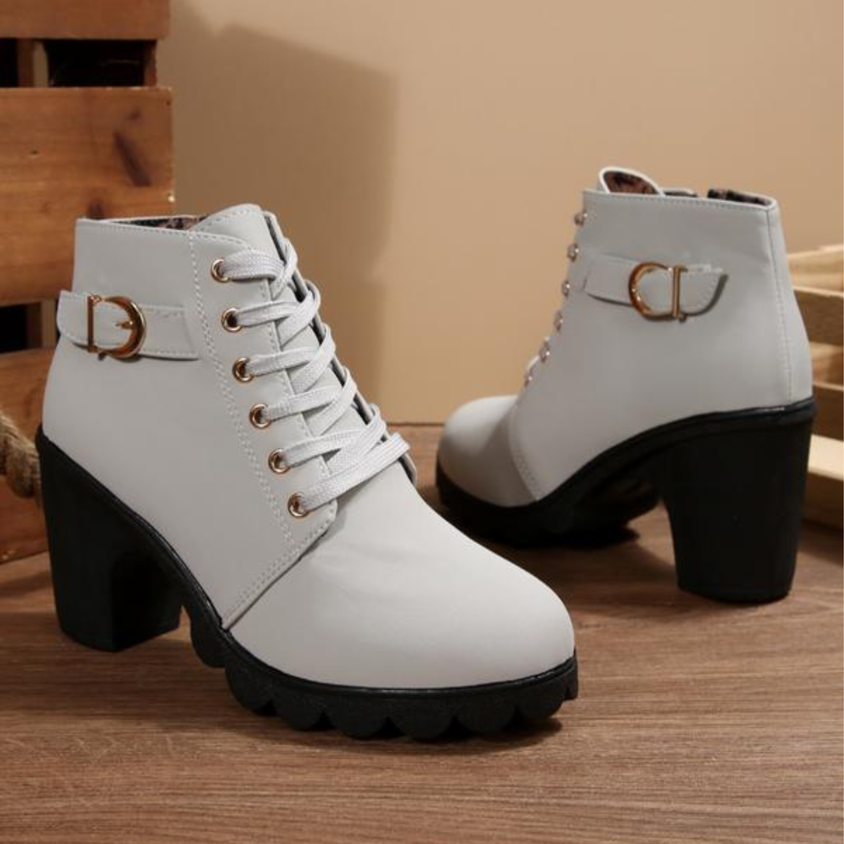 Lace Up Boots Block Heel Buckle Detail Sturdy Versatile