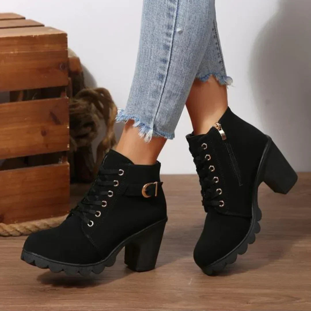 Lace Up Boots Block Heel Buckle Detail Sturdy Versatile