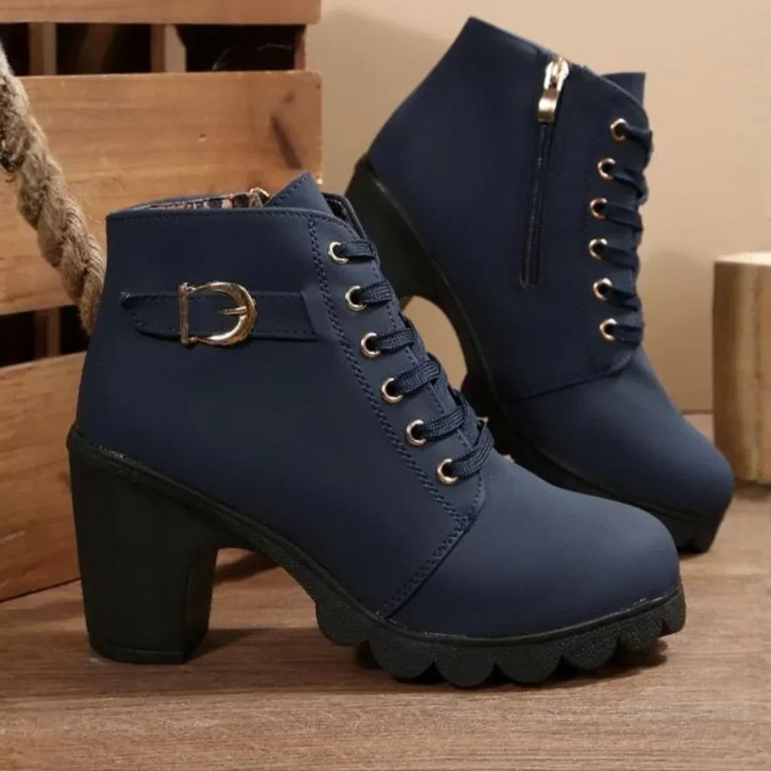 Lace Up Boots Block Heel Buckle Detail Sturdy Versatile
