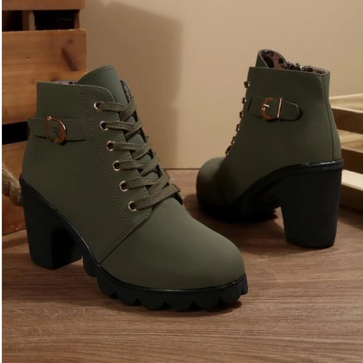 Lace Up Boots Block Heel Buckle Detail Sturdy Versatile
