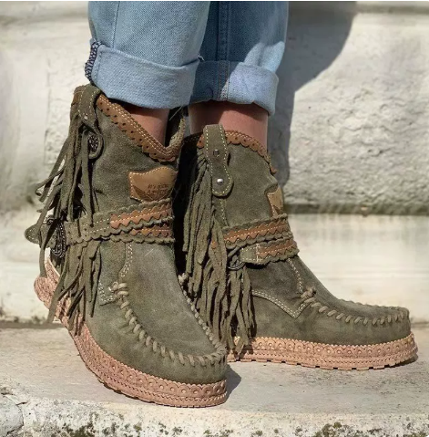Boho Western Boots Fringe Suede Cushioned Insole Grip Sole