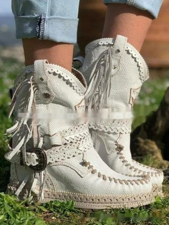Boho Western Boots Fringe Suede Cushioned Insole Grip Sole
