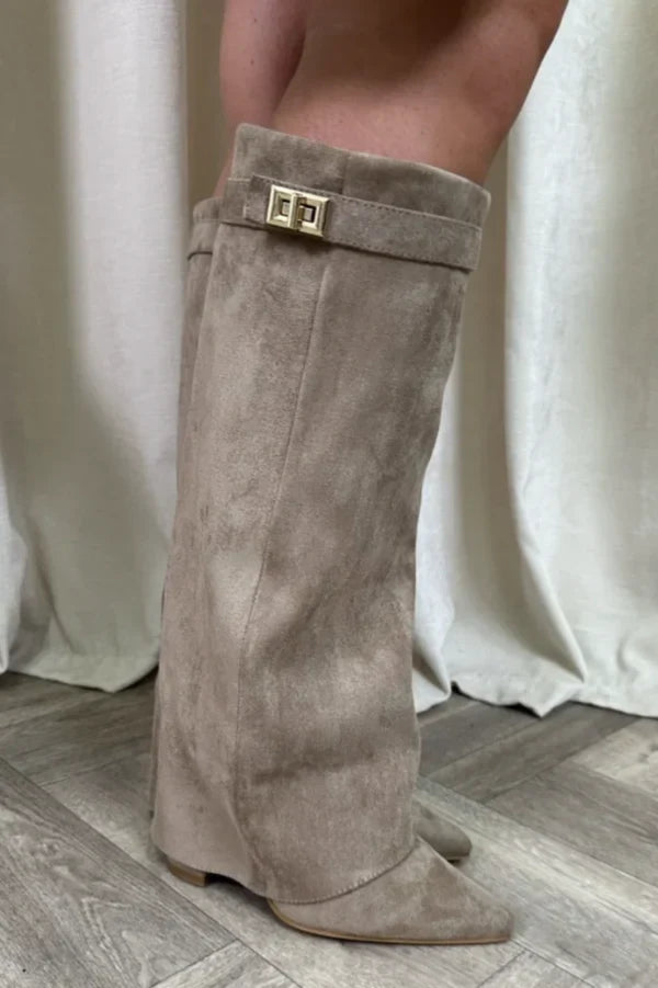 Block Heel Boots Buckle Detail Suede Leather Look Elegant