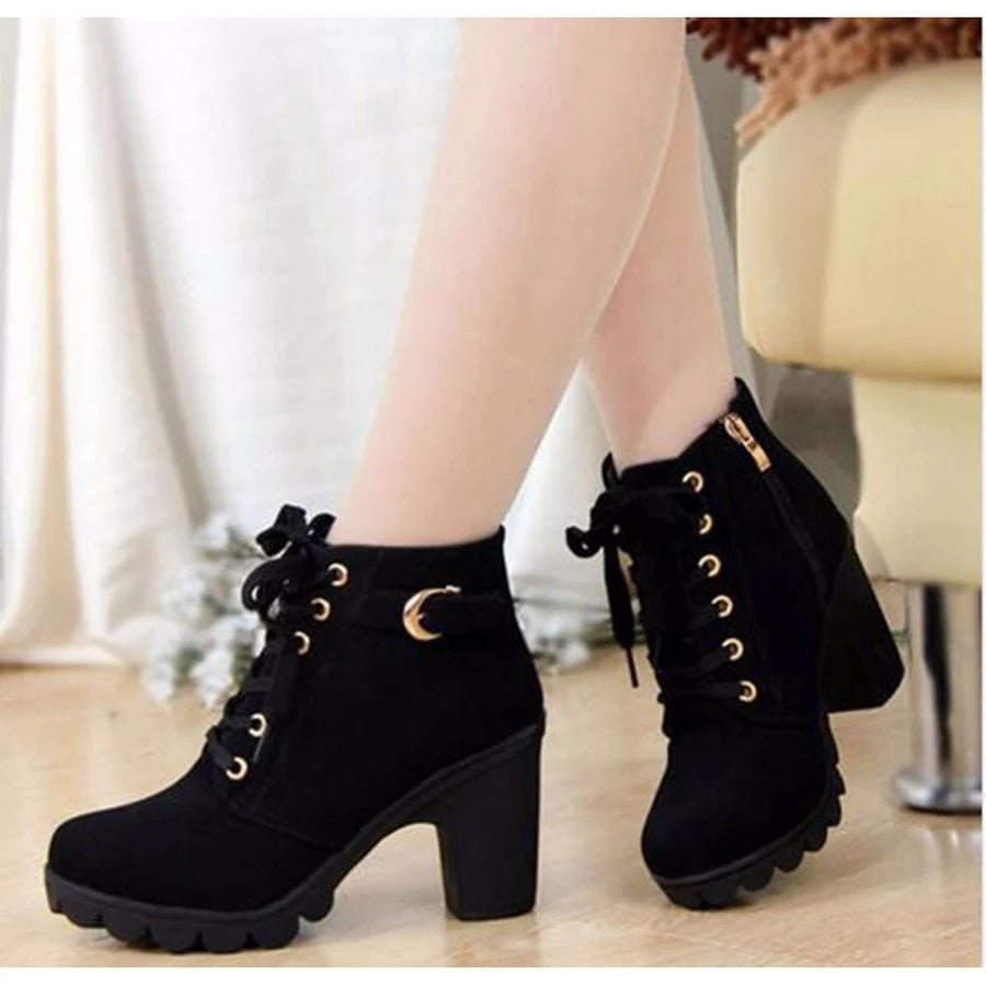 Lace Up Ankle Boots Block Heel Buckle Gold Eyelets Classic