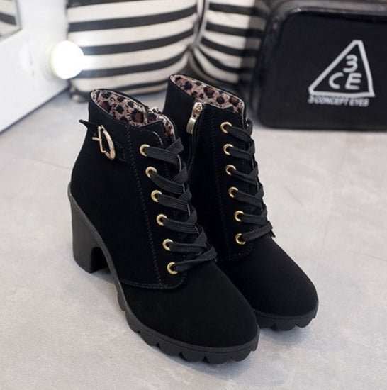 Lace Up Ankle Boots Block Heel Buckle Gold Eyelets Classic
