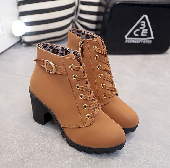 Lace Up Ankle Boots Block Heel Buckle Gold Eyelets Classic