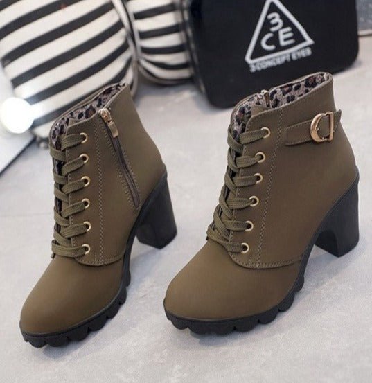 Lace Up Ankle Boots Block Heel Buckle Gold Eyelets Classic