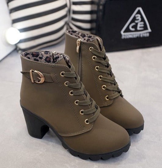 Lace Up Ankle Boots Block Heel Buckle Gold Eyelets Classic