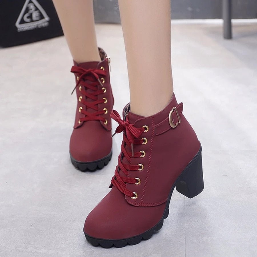 Lace Up Ankle Boots Block Heel Buckle Gold Eyelets Classic