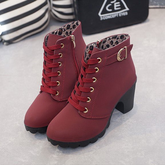 Lace Up Ankle Boots Block Heel Buckle Gold Eyelets Classic