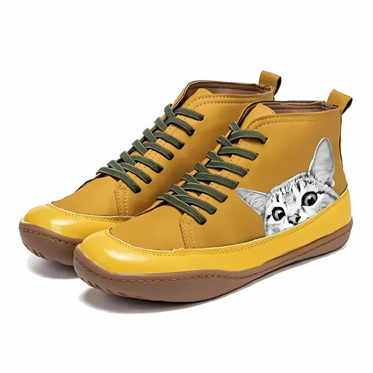Ankle Boots Cat Print Lace Up Vegan Leather Playful
