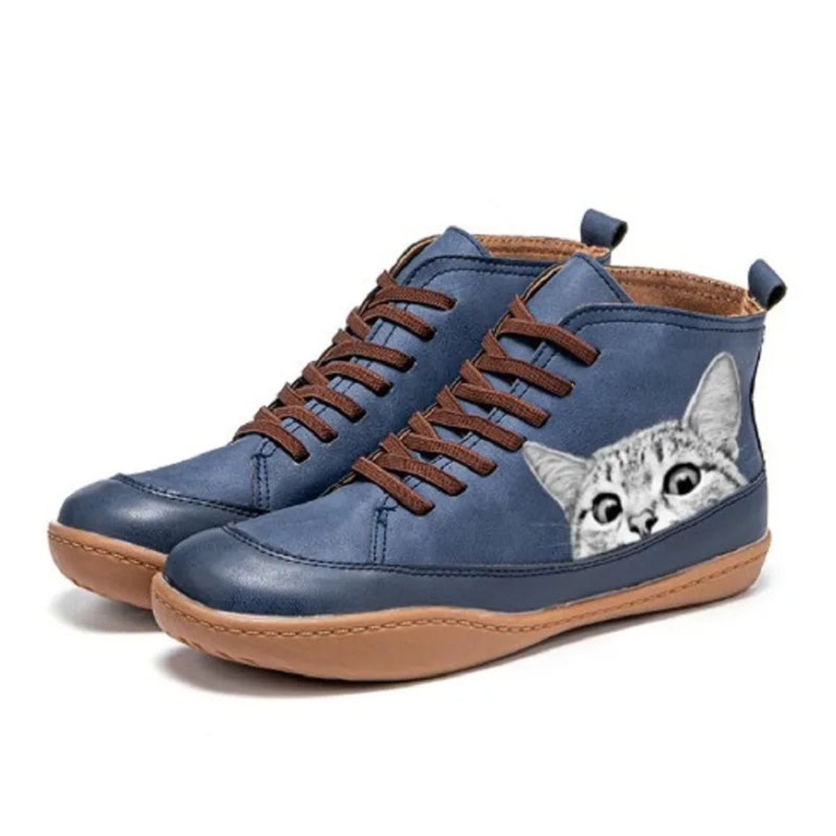 Ankle Boots Cat Print Lace Up Vegan Leather Playful