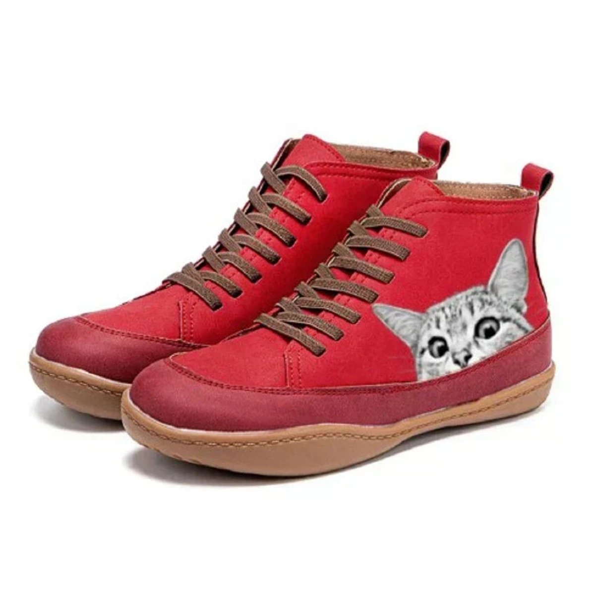 Ankle Boots Cat Print Lace Up Vegan Leather Playful
